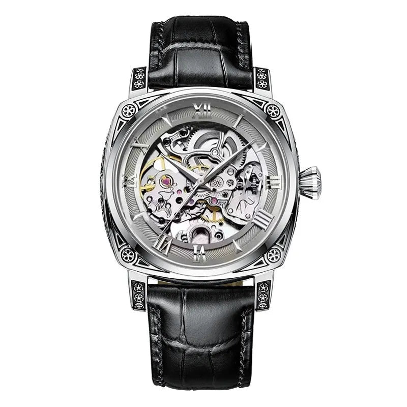 Mens hollow out business watch with white leather strap and round dial