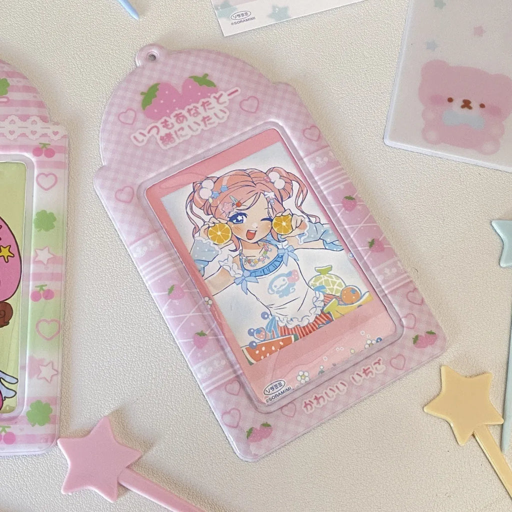 PVC card holder pendant with Strawberry or Four-Leaf Clover cartoon design on clear sleeve.