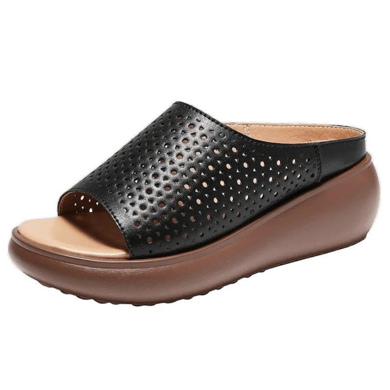 Women's peep toe rocking bottom platform heel slippers in beige with ethnic pattern, PU upper and rubber sole