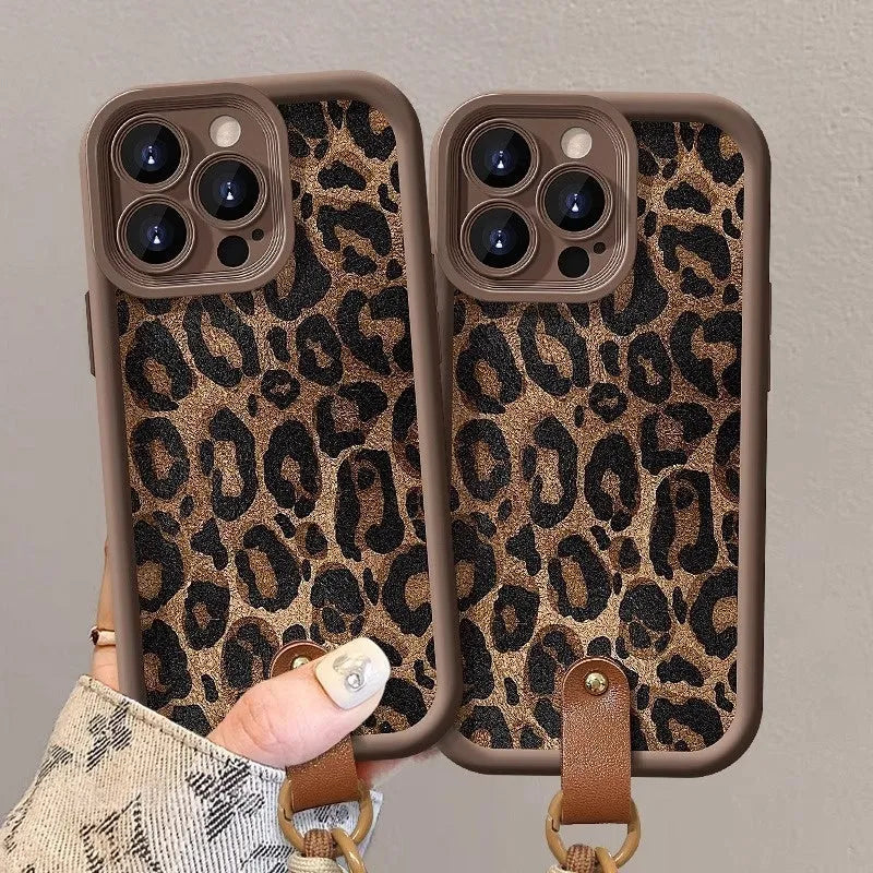 Brown leopard print silicone phone case with attached lanyard for iPhone models