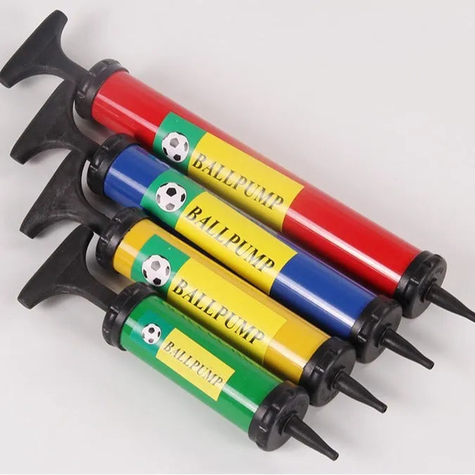 Mixed colour plastic manual hand pump for sports balls on a white background