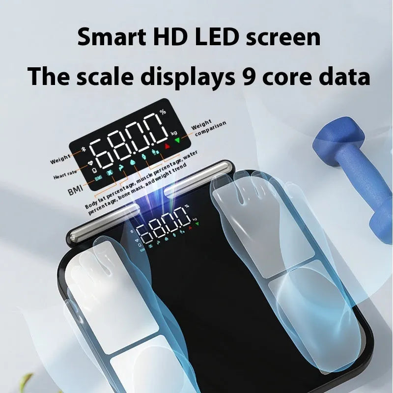 Black electronic body composition scale with tempered glass platform and colour screen display