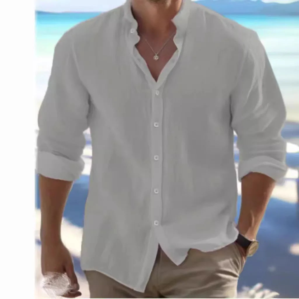 Men's light grey long-staple cotton button-front beach shirt laid flat.