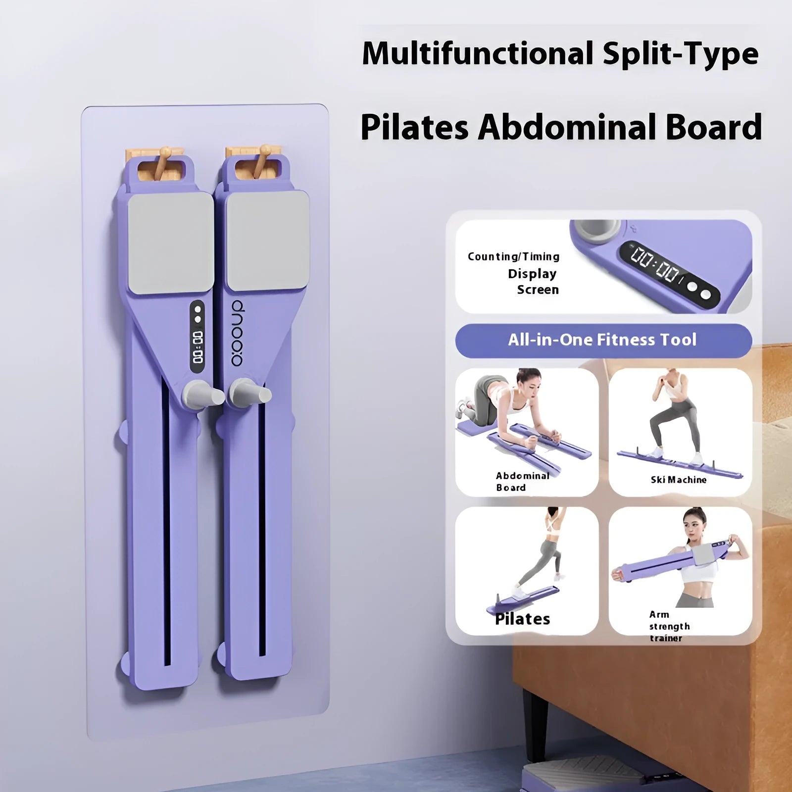 Split multifunctional skiing machine trainer in twilight purple on a wooden floor, showing its 85cm length and independent foot platforms.
