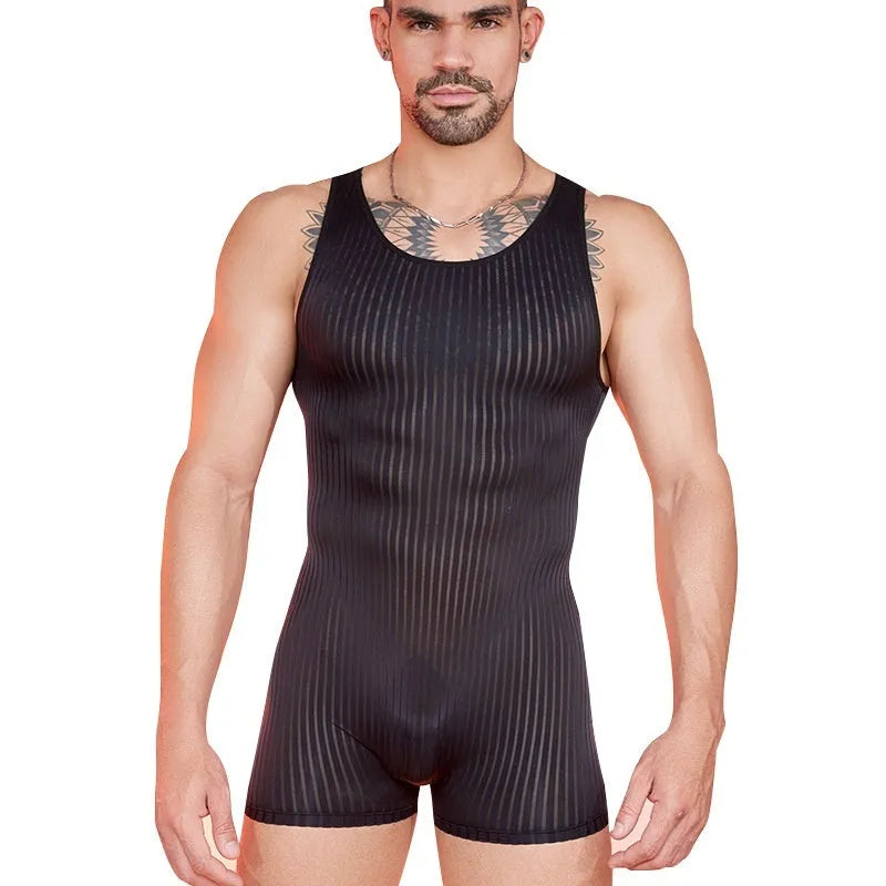 Men's striped nylon jumpsuit in black with vertical bars, free size
