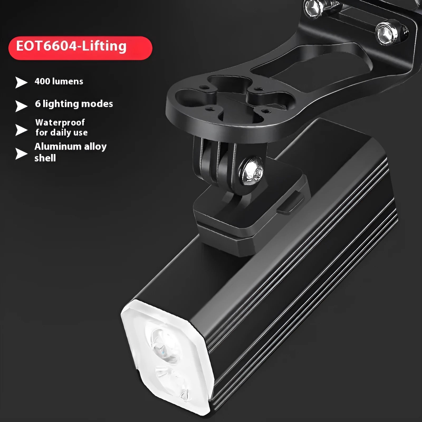 Aluminium alloy bicycle headlights with silicone mounting bracket showing 400 lumen brightness rating