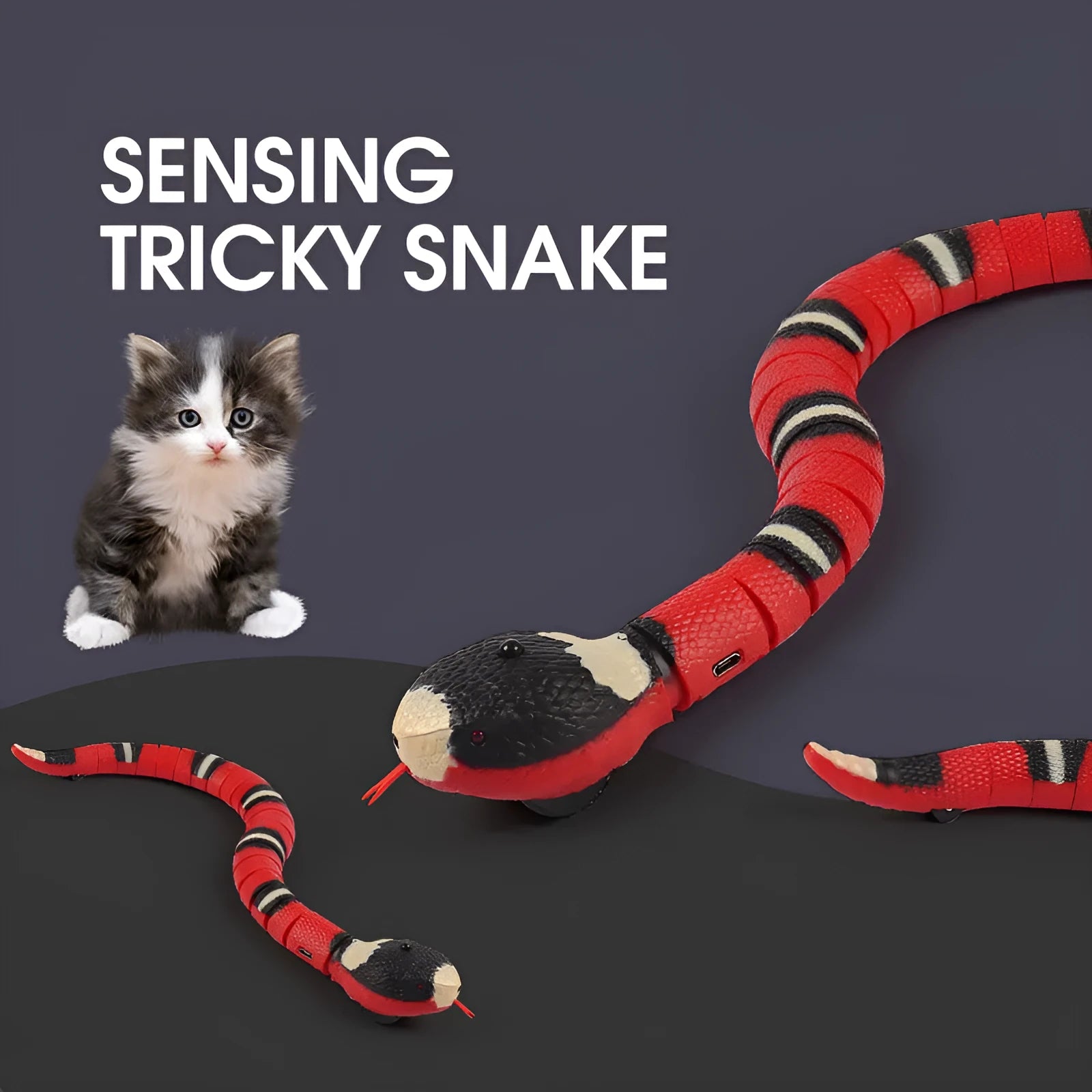 Smart sensing electronic snake cat toy with USB charging cable and realistic cobra design