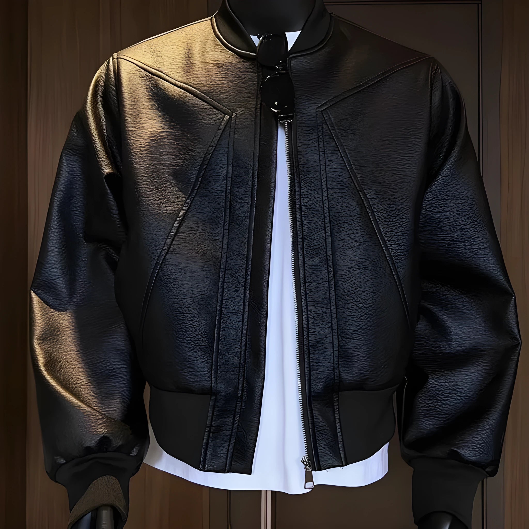 Men's extended length black PU leather jacket with egg white litchi grain texture and slim fit styling