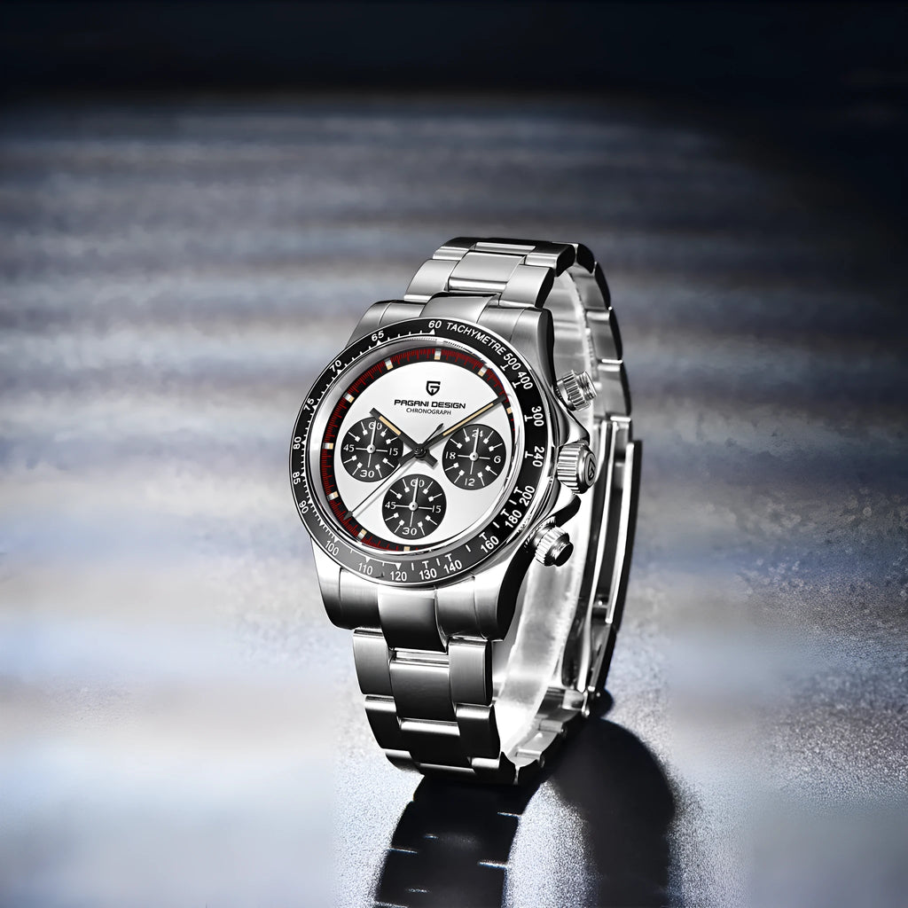 Men's stainless steel chronograph watch with black dial and Seiko VK63 quartz movement.