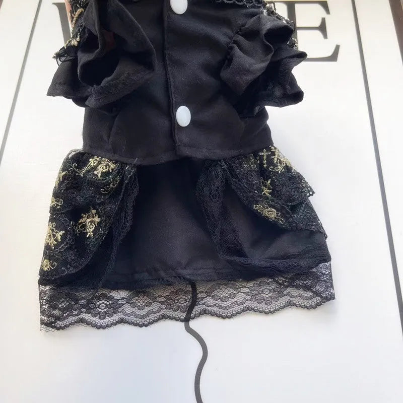Golden gothic-style skirt outfit on a small dog, showing princess cut and sizing for pets.