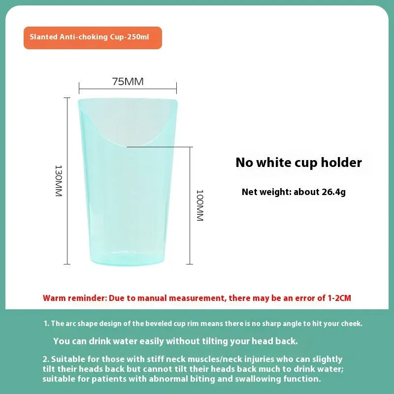 A white PP plastic choke-proof drinking cup with an angled spout, handle, and lid, shown on a bedside table.
