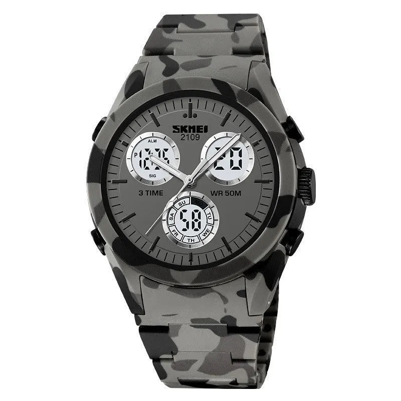 Casual electronic watch with a digital display, TPU strap, and ABS case shown in Army Green camouflage colour.