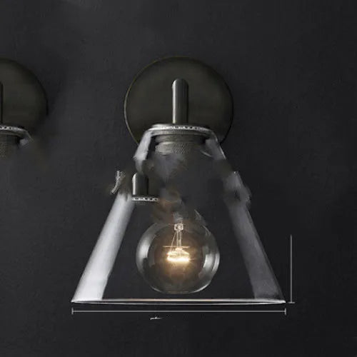 Modern wrought iron glass wall lamp with gold bronze finish and triangular transparent glass shade