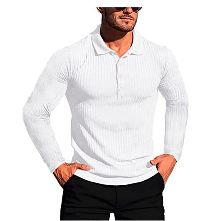 Man wearing a loose fit striped knit shirt in Army Green, showcasing short sleeves and elastic polyester fabric.