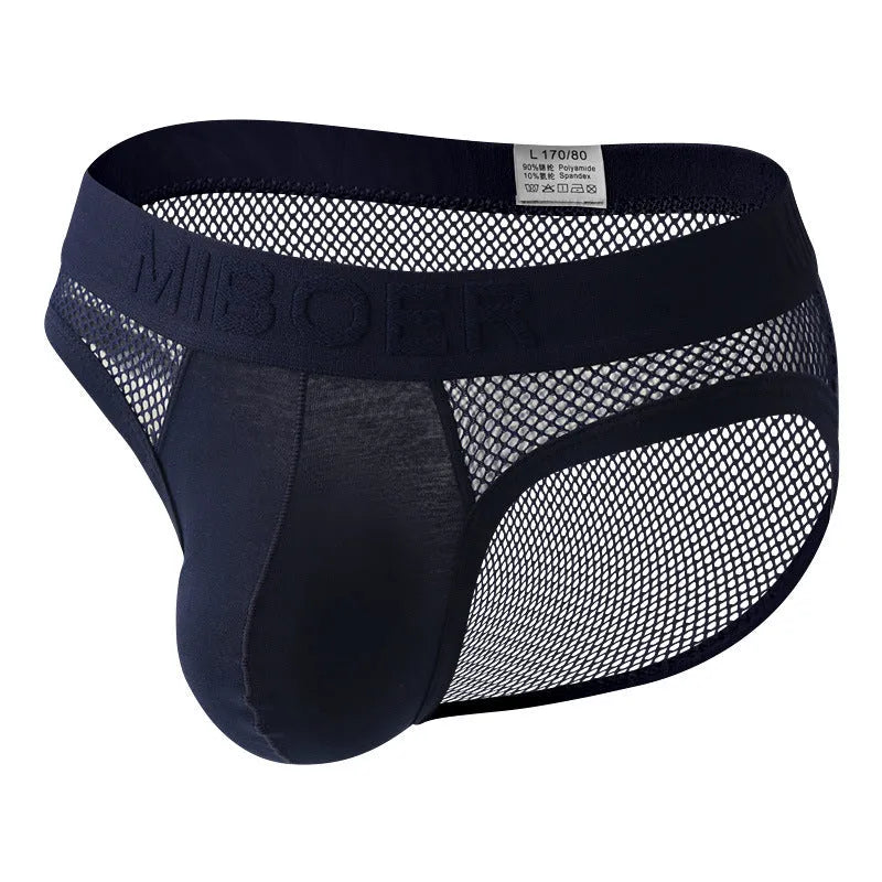 Men's low waist briefs in black high elastic mesh fabric laid flat