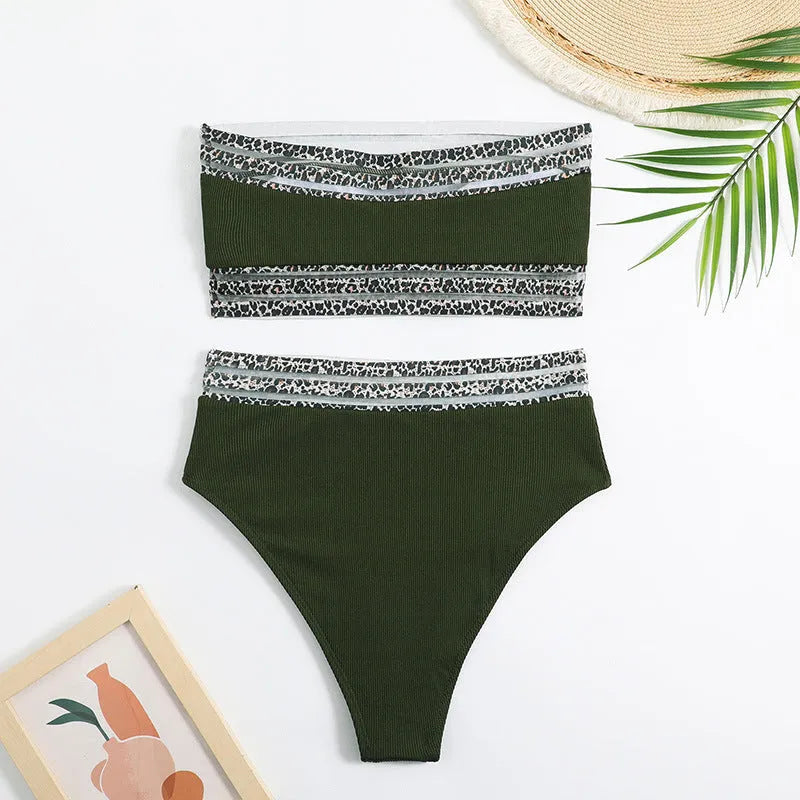 Black strapless bandeau swimsuit with leopard print pattern, high elasticity fabric