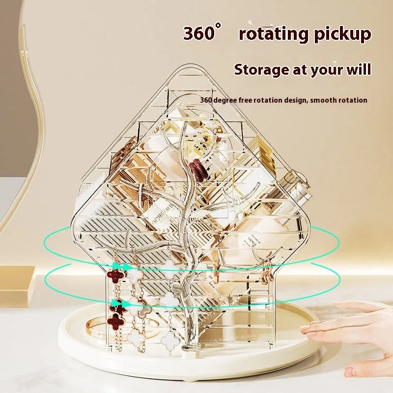 Clear and amber gold rotating plastic cosmetics storage box on a flat surface