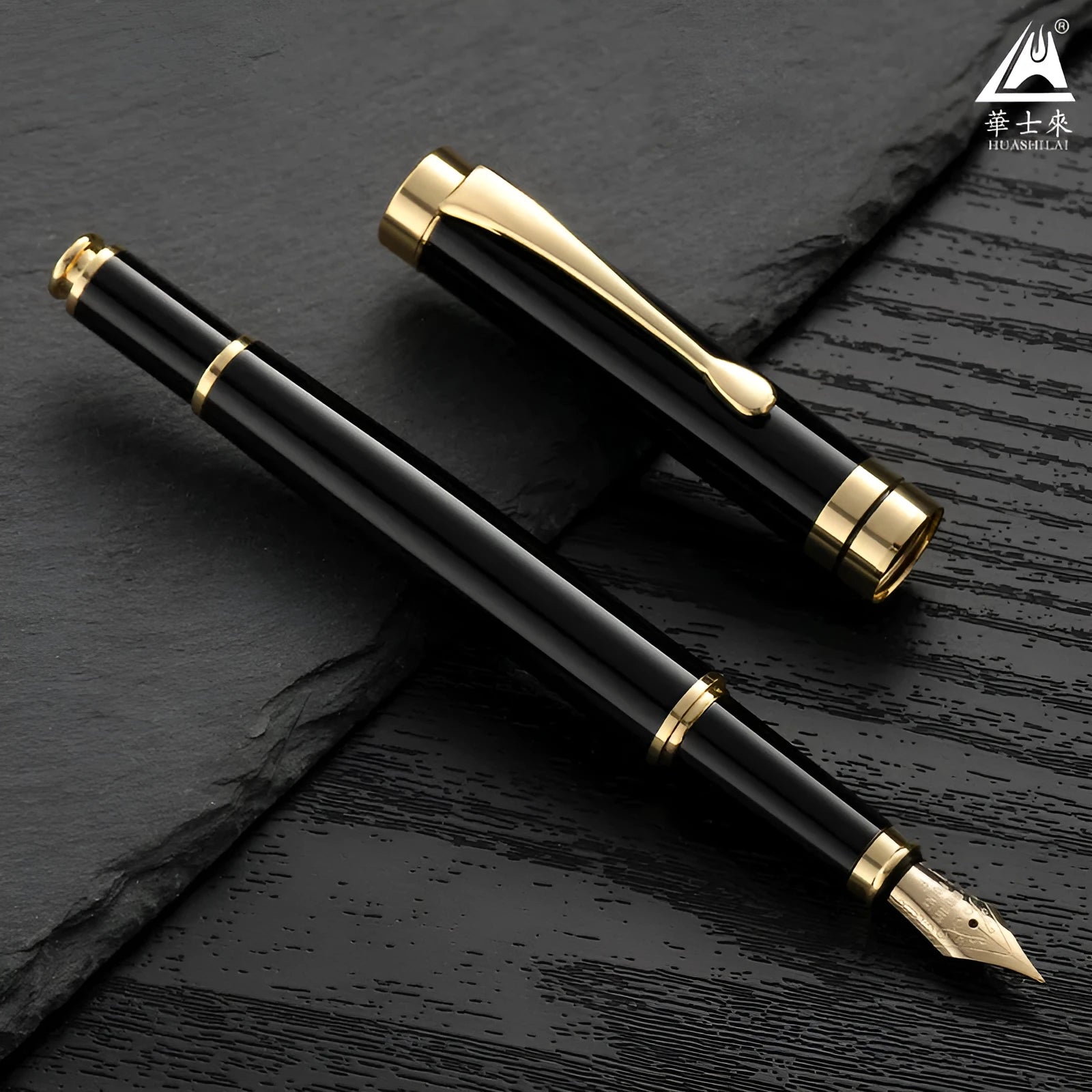 Metal fountain pen with F 0.5mm nib in black body with gold clip, showing 140mm length