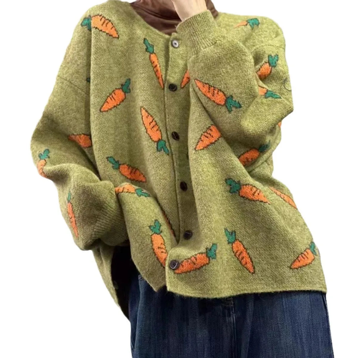 Loose round neck cardigan with Mori artistic colour contrast print.