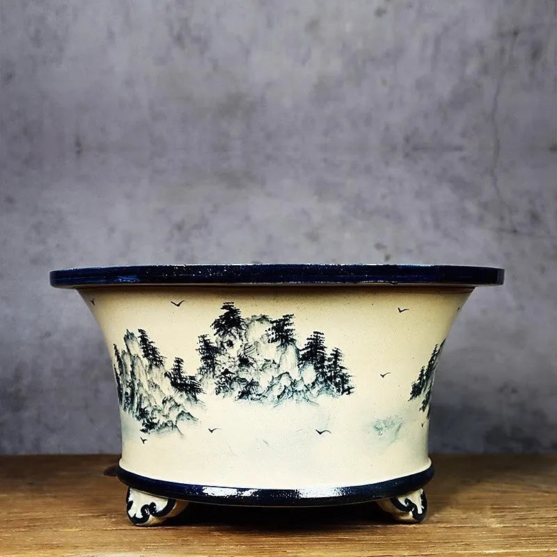 Lingnan Shiwan hand painted glazed ceramic flower pot with landscape decoration in High Mountains pattern