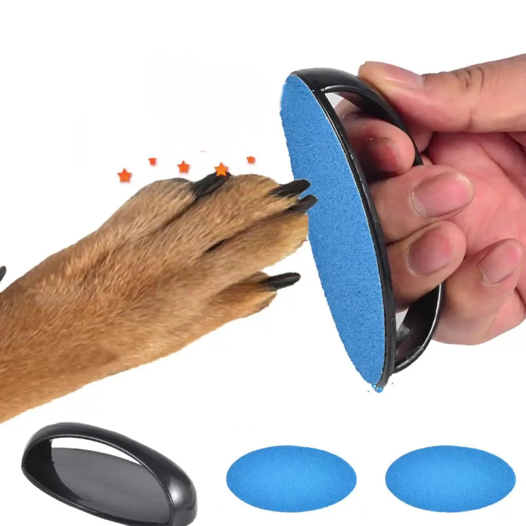 Round dog nail scratch board with ergonomic handle in assorted colours