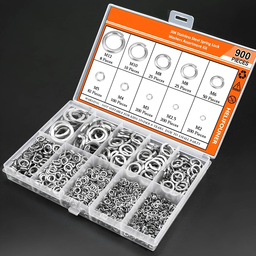 Open box showing assorted 304 stainless steel spring lock washers and a gasket tool.
