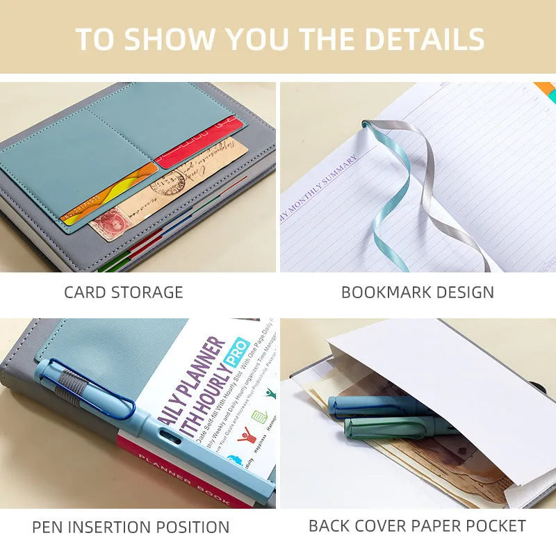 Undated notebook with PU cover in six colour options showing thread binding and 200 pages