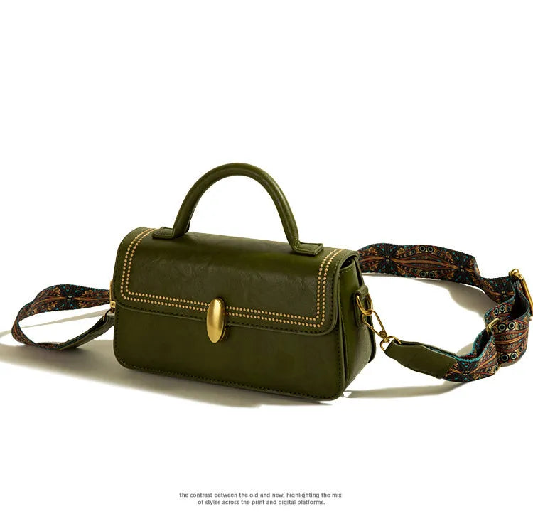 Retro messenger bag in square vertical shape with sandwich pockets and decorative stitching