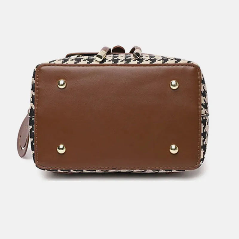 Houndstooth women's medium backpack Ostrich with Khaki contrast colour PU cover opening with car stitching
