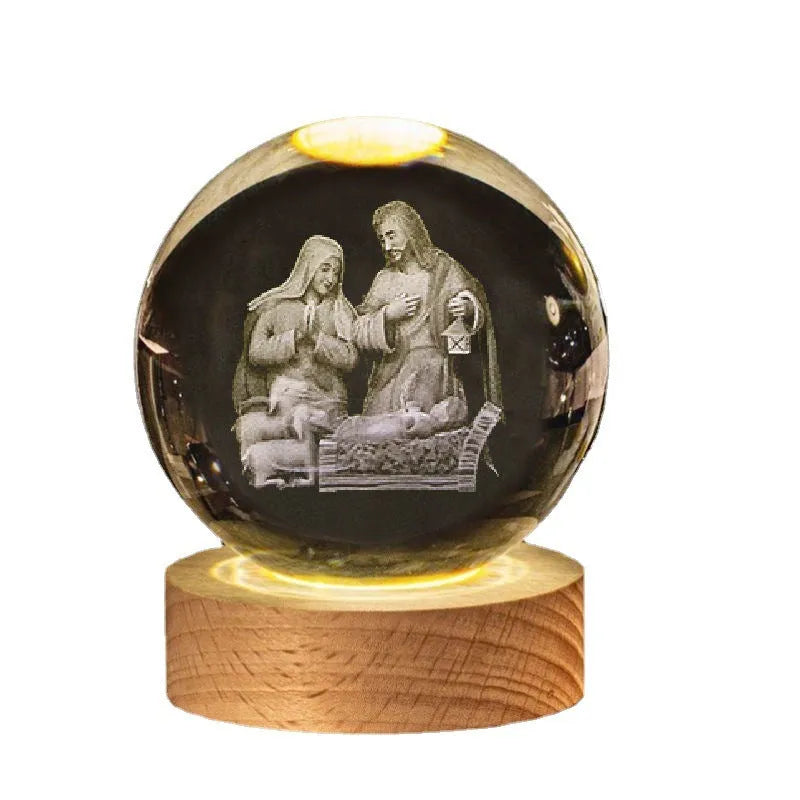 White crystal ball desk ornament on a wooden warm light base, showing purity-themed designs.