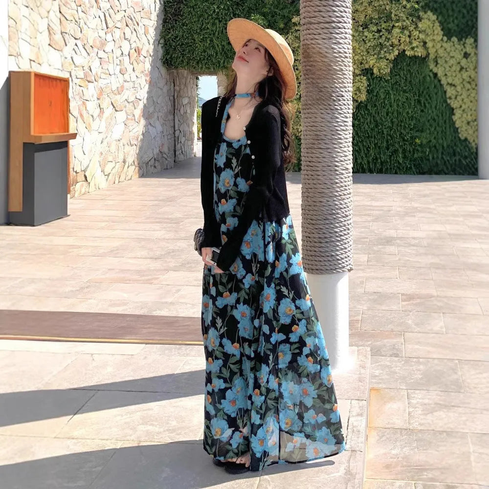Blue floral strapless off-the-shoulder mid-length polyester dress with print, sleeveless, wide waist