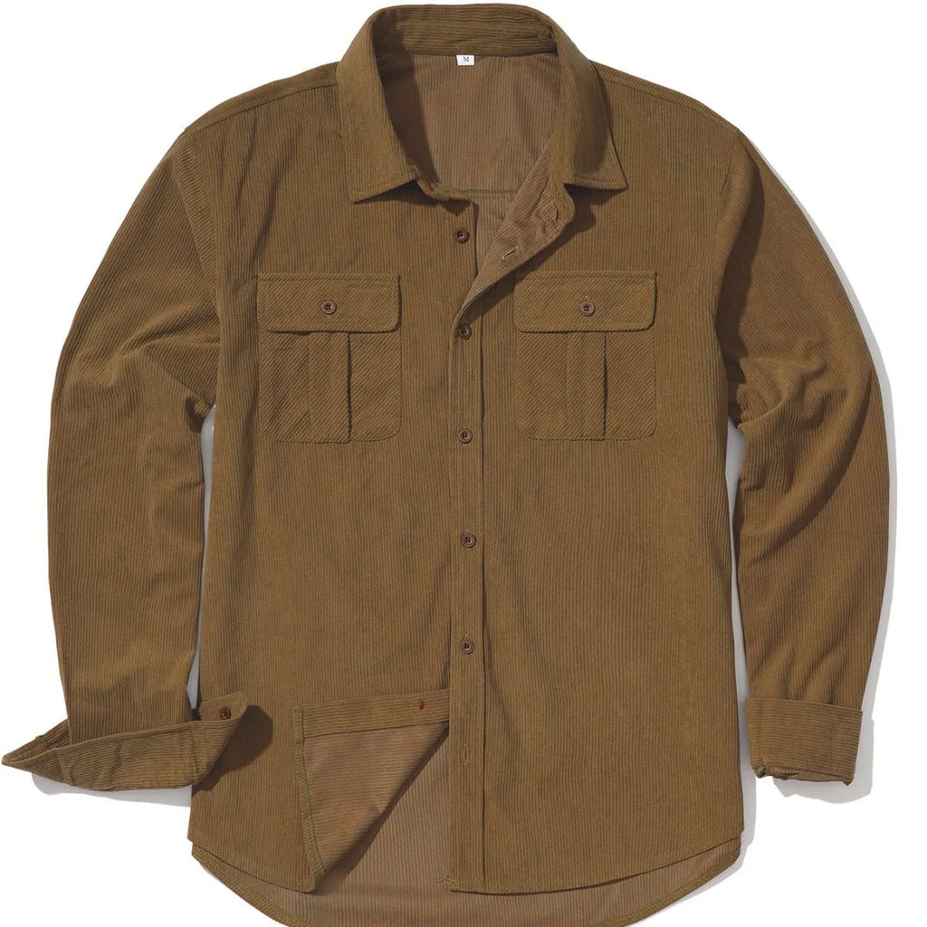 Men's loose-fit corduroy shirt in Japanese retro style, shown in Army Green colour.