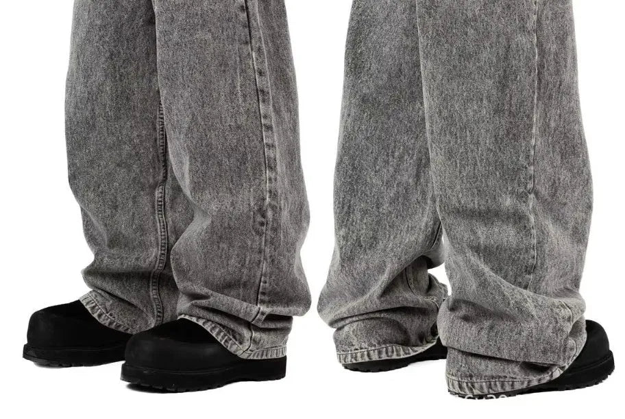 Grey loose straight-leg denim trousers for men and women with mid-waist fit