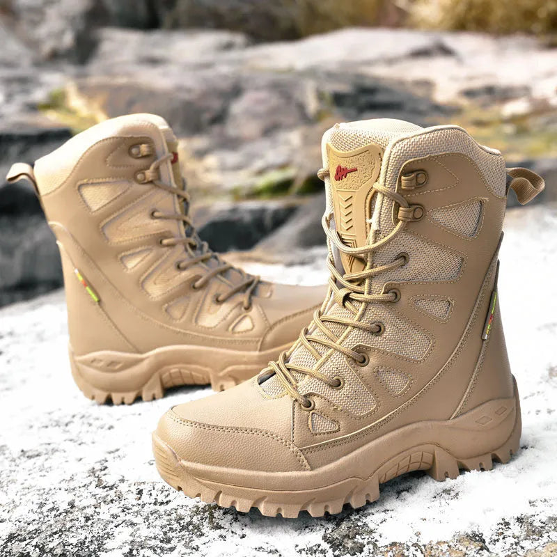 Cowhide hi-top hiking shoes for men in black, brown, or beige with platform sneaker design