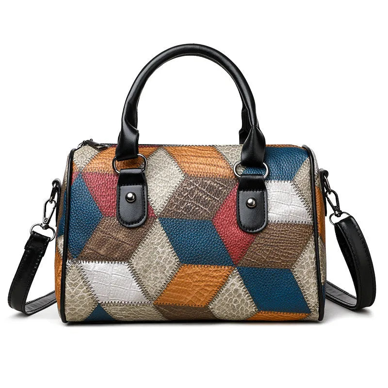 Fashion colour contrast plaid geometric pattern commuter crossbody bag in black PU material cylinder shape with rhombus element