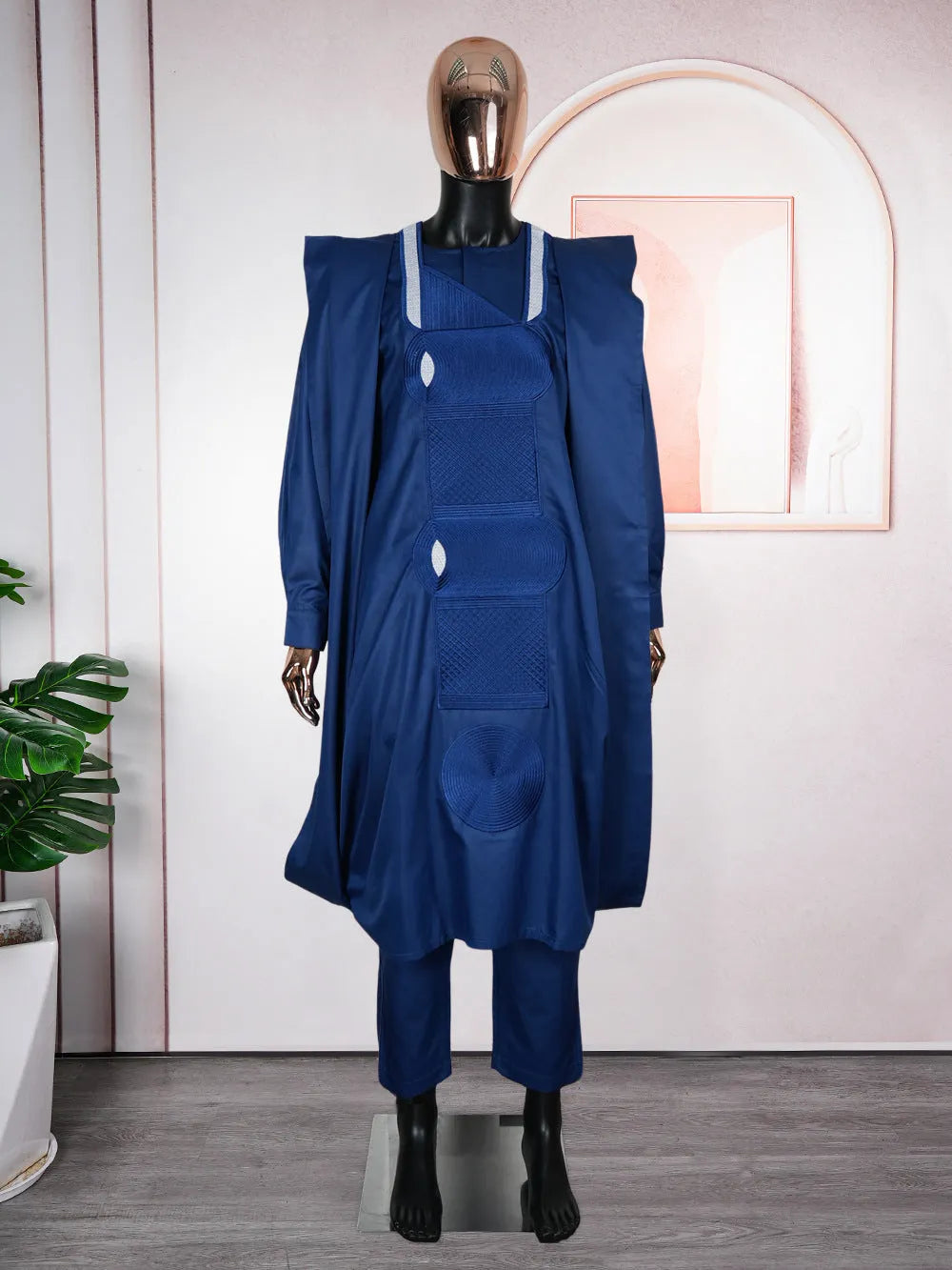 Plus size men's three-piece figured cloth suit in dark blue – outer robe, shirt, trousers for daily wear
