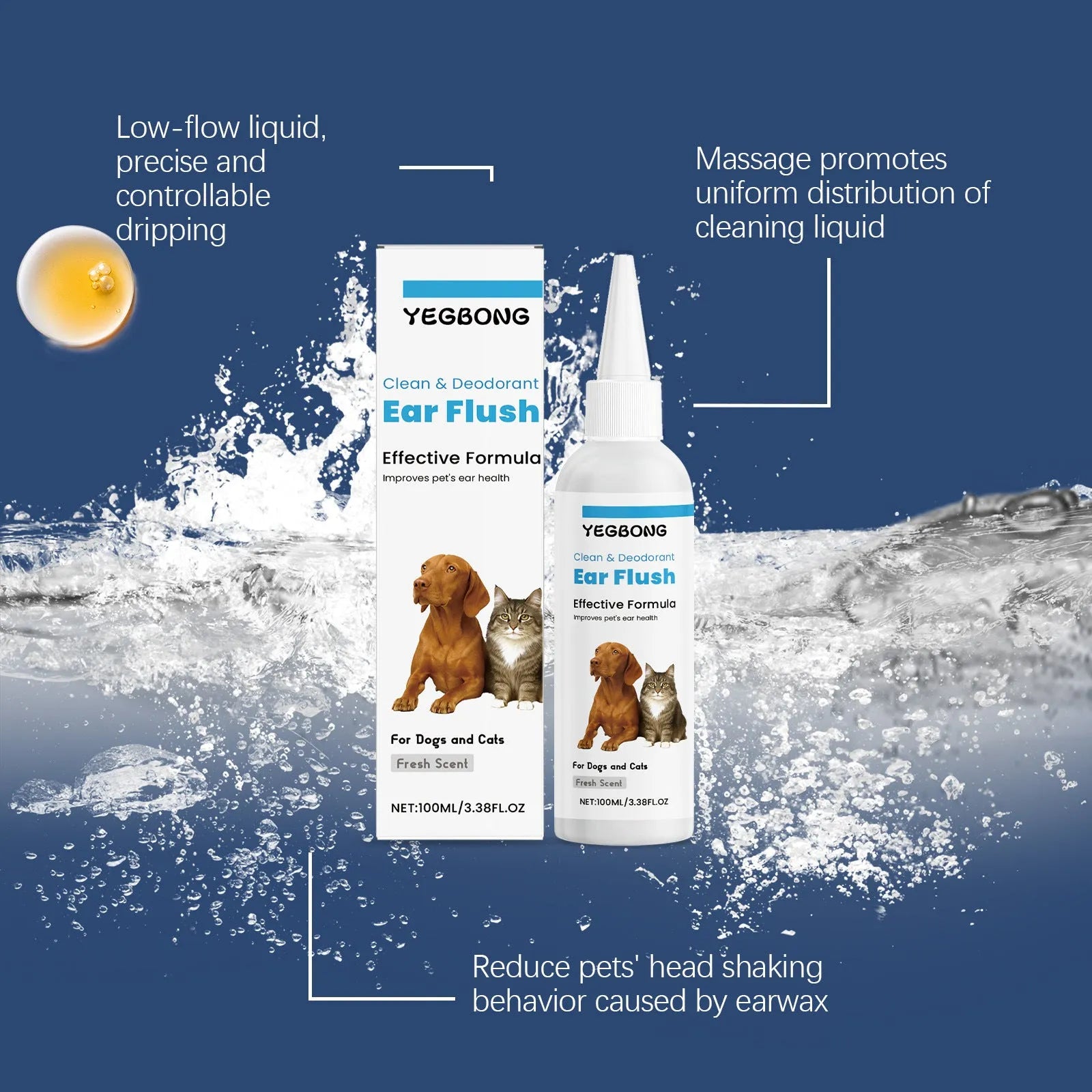 100ml bottle of gentle ear cleaner for dogs and cats with applicator tip for earwax removal.