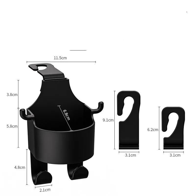 Black plastic car seat back hook organiser with a cup holder and a separate hanging hook.