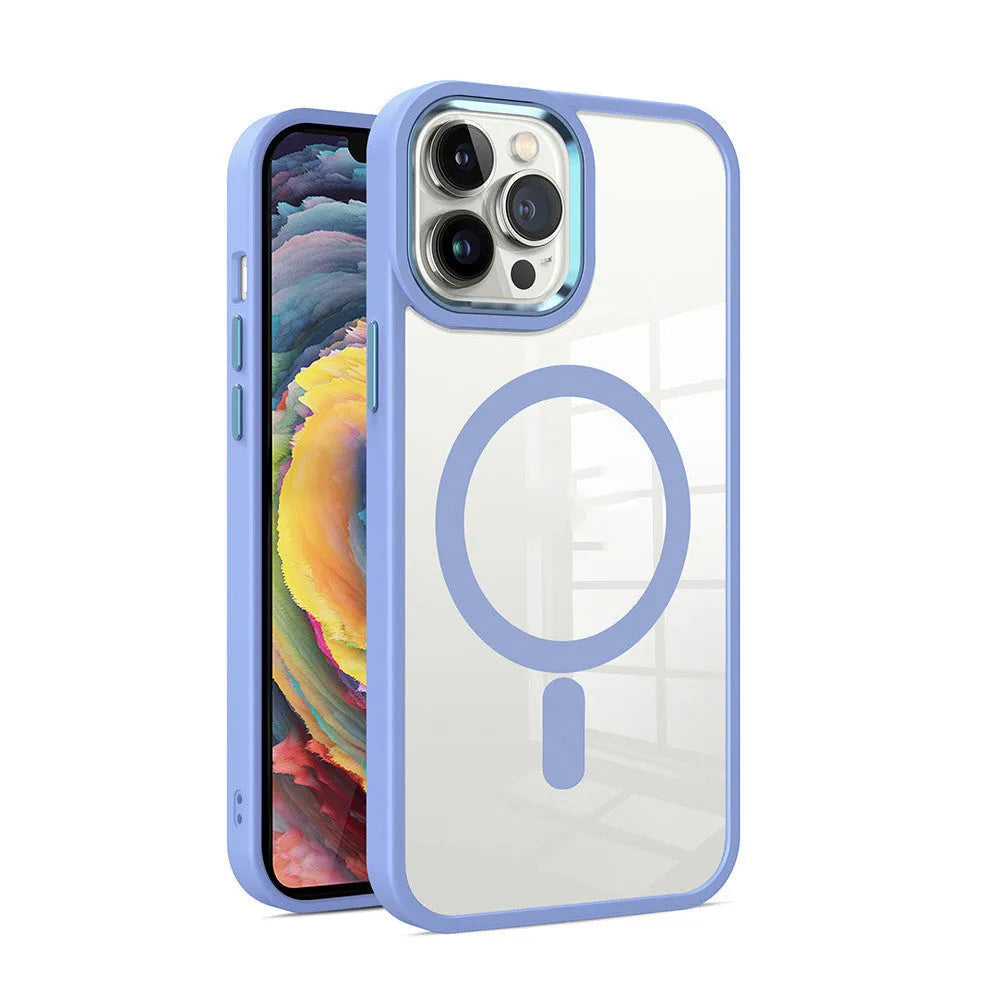 Clear magnetic silicone phone case for iPhone showing MagSafe ring and raised screen bezel