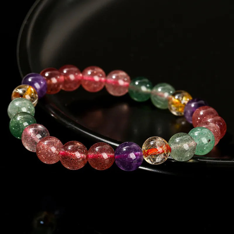 Natural tourmaline strawberry quartz bracelet with geometry beads in choice of 7mm, 8mm or 9mm sizes