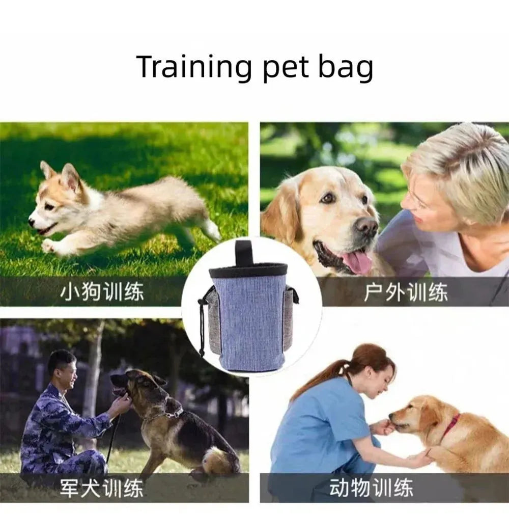 Portable pet training waist bag in blue with adjustable elastic design and waste bag pocket