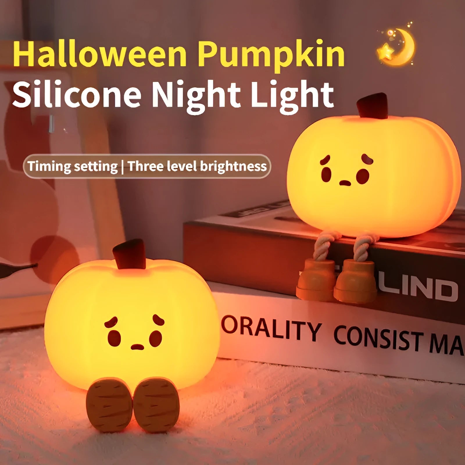 Soft orange silicone pumpkin-shaped night light with a gentle glow, sitting on a surface.