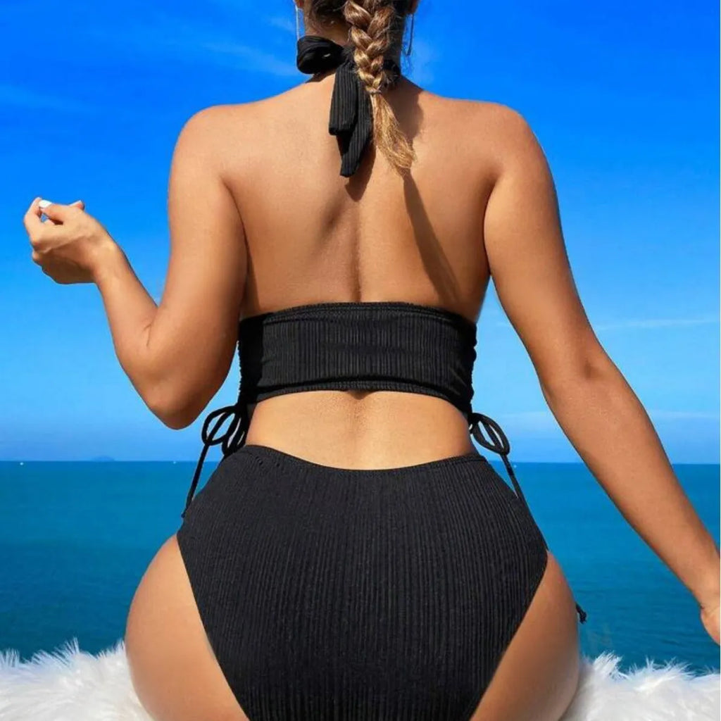 Women's black halter bikini with lace-up detail and briefs style bottom