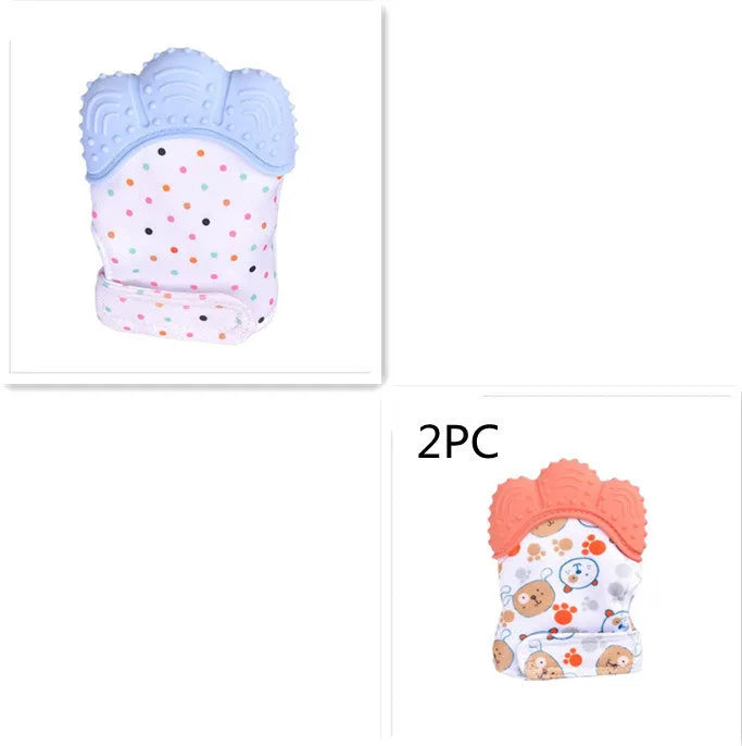 BPA-free silicone baby teether glove fastened with a white Velcro strap on a baby's hand
