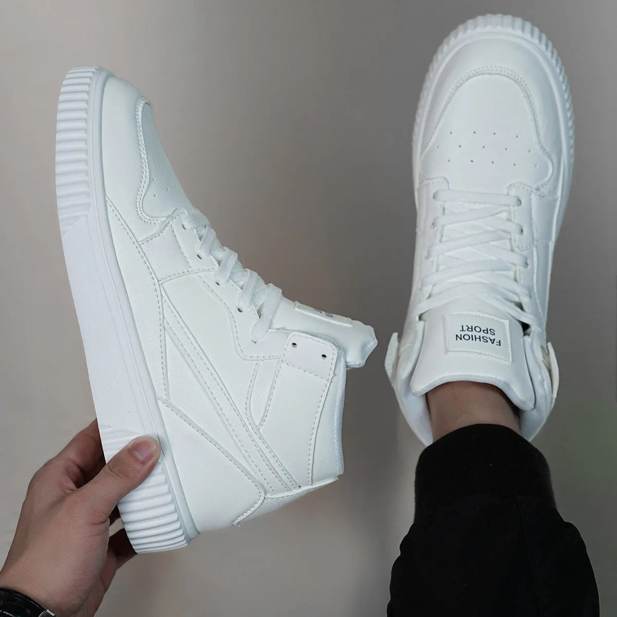 Solid white men's casual round-toe shoes made from microfiber, shown on a plain background.