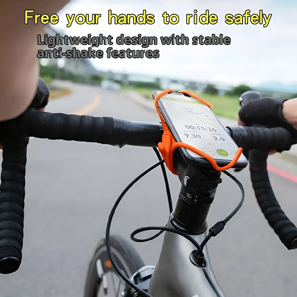 Black plastic universal adjustable road bike phone mount on bicycle handlebar