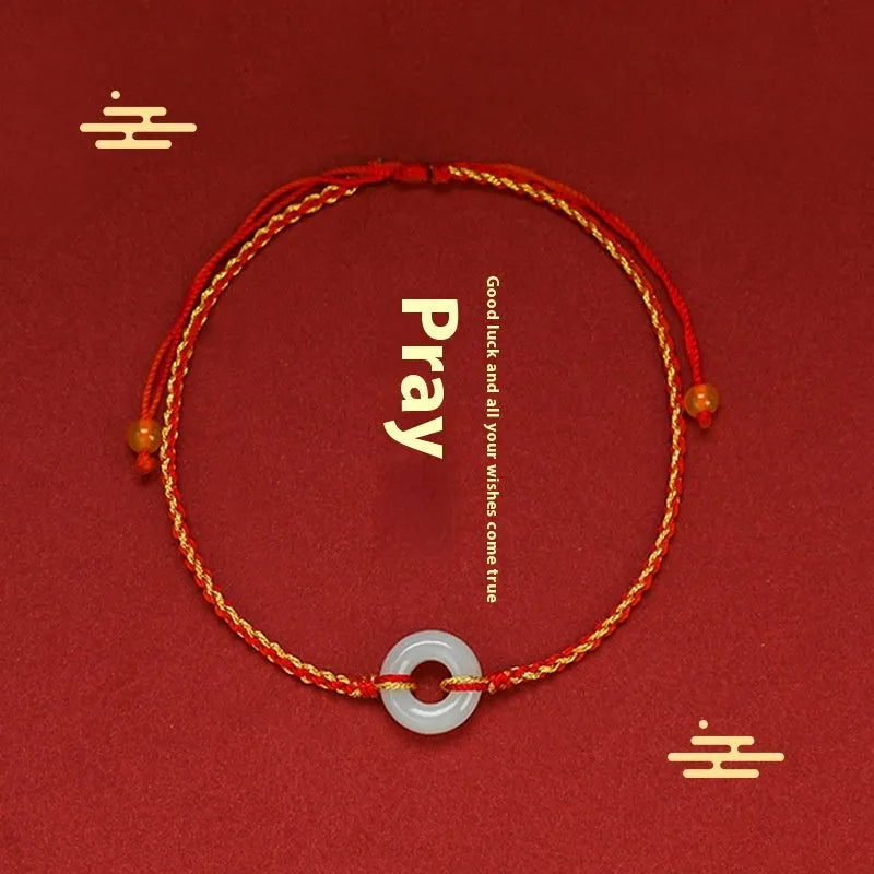 Red braided rope Hetian jade bracelet anklet set natural wave style certificate packaging