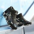 Green camouflage canvas platform sneakers with rubber sole for women