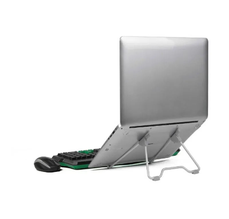 Space grey aluminium alloy adjustable stand holding a mobile phone and a laptop on a desk.