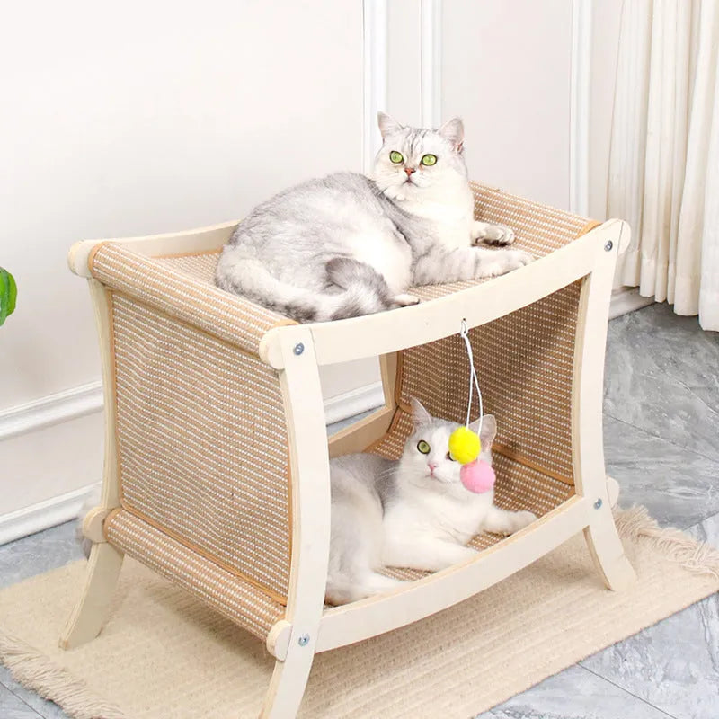 Large double-layer cat nest with solid wood frame and sisal scratch board on top, suitable for cage use